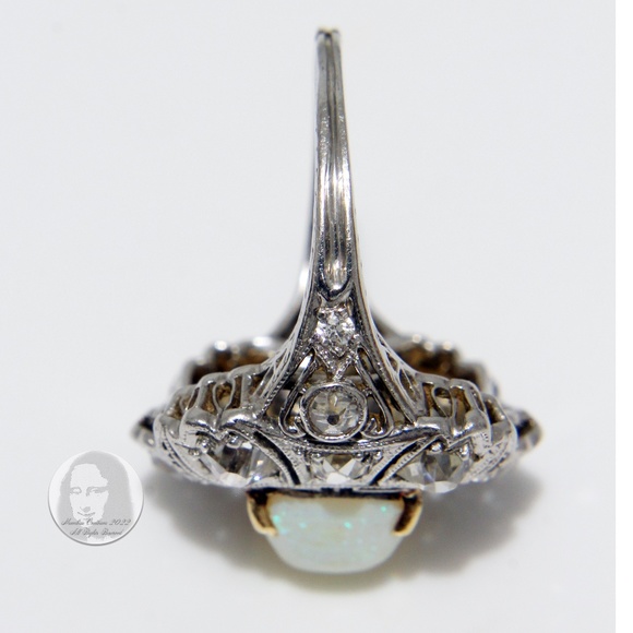 Art Deco Cocktail Ring Opal and Diamond Vintage Platinum Rare Early 20th C - Picture 5 of 16